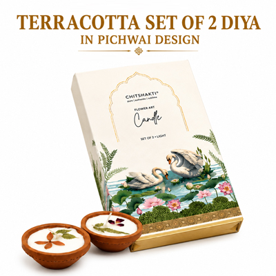 Terracotta Set Of 2 Diya In Pichwai Design
